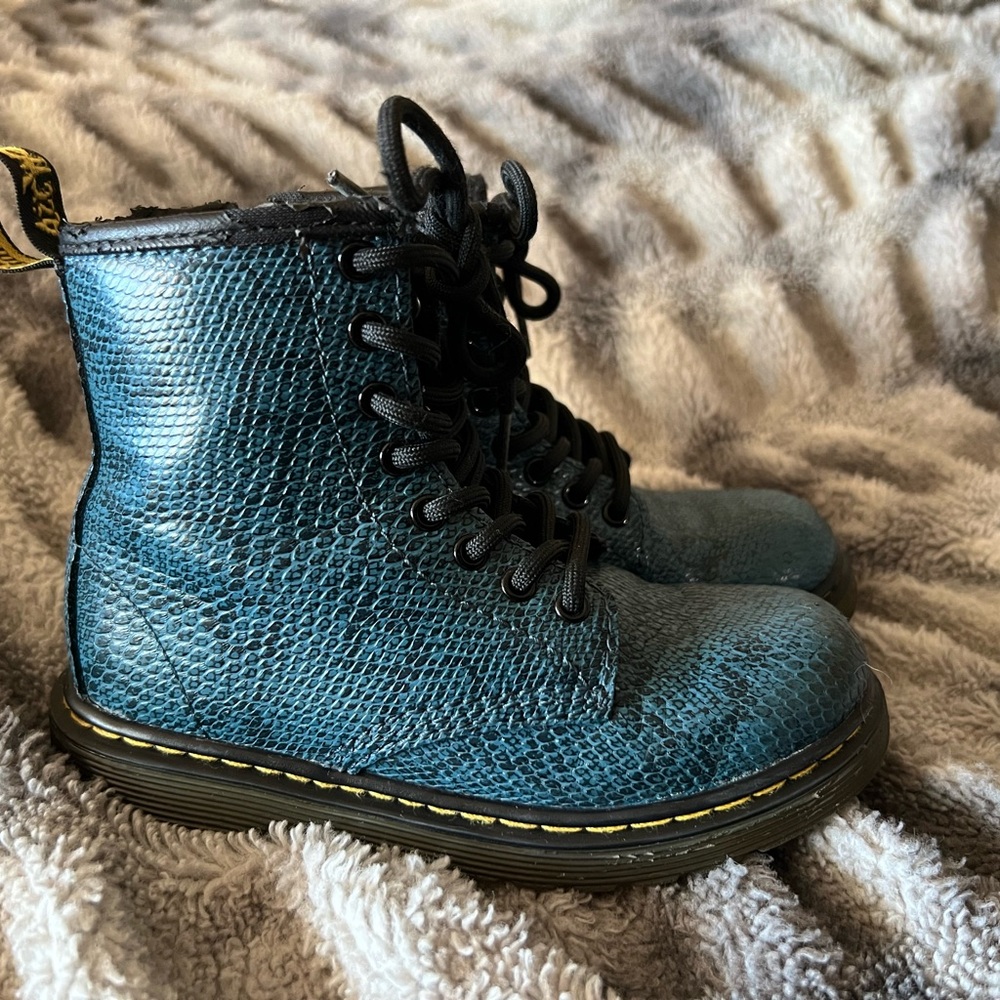 Girls Doc Marten blue snake print embossed Boots